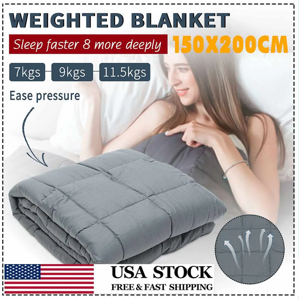 

Gray 150x200CM 7/9/11.5KG Weighted Blanket for Adult Gravity Blankets Decompression Sleep Aid Pressure Weighted Quilt