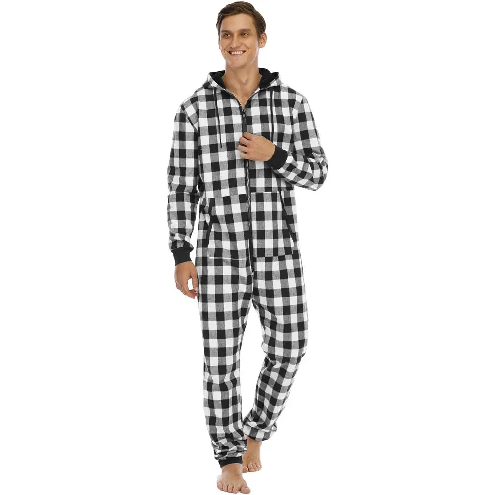 Plaid Printing Onesies Men Hoodies Jumpsuit Casual Long Sleeve Pajamas Zipper Splicing Overalls Autumn Winter Male Streetwear