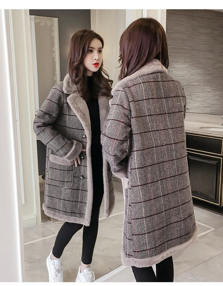 Зимнее плотное бархатное длинное пальто, женское клетчатое шерстяное пальто