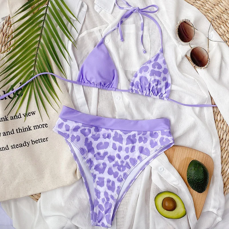 INGAGA Leopard Swimsuits High Waist Bikinis Swimwear Women Halter Biquini High Cut Bikini Set Patchwork Bathing Suit Women