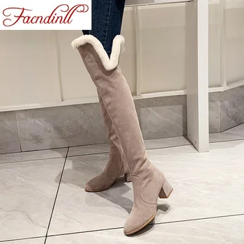 

FACNDINLL 2020 new winter warm snow boots high qulaity pointed toe shoes woman over the knee high boots black apricot party shoe