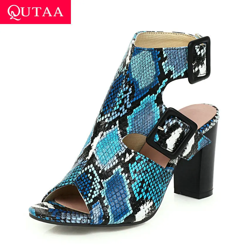 

QUTAA 2020 Snakeskin PU Leather Buckle Ladies Pumps Peep Toe Cut Outs Sandals Square High Heel Slingback Women Shoes Size 34-43
