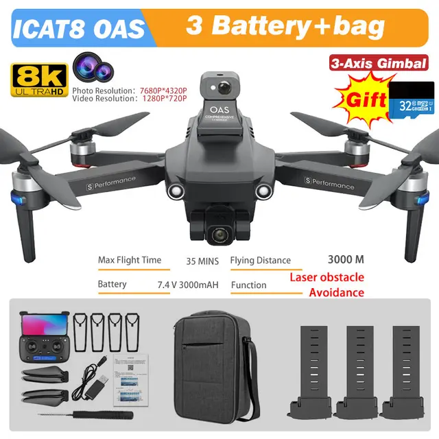MFM 3-Axis EIS Camera Drone GPS 8K 35min 360° Obstacle Avoidance Professional 5G FPV 1.5Km Long Distance Brushless Icat8 Dron 4K OAS 8K 3B Bag BL TF