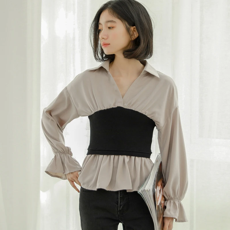 

COIGARSAM Casual Patchwork blouse women New Spring Chiffon High Waist blusas womens tops and blouses 1240