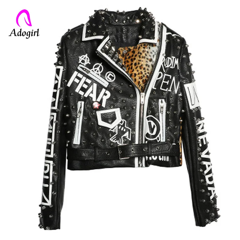 low cost Studded Punk Style Motorcyle Coats 2019 Spring Leopard Leather Jacket Women Turn-down Collar Short