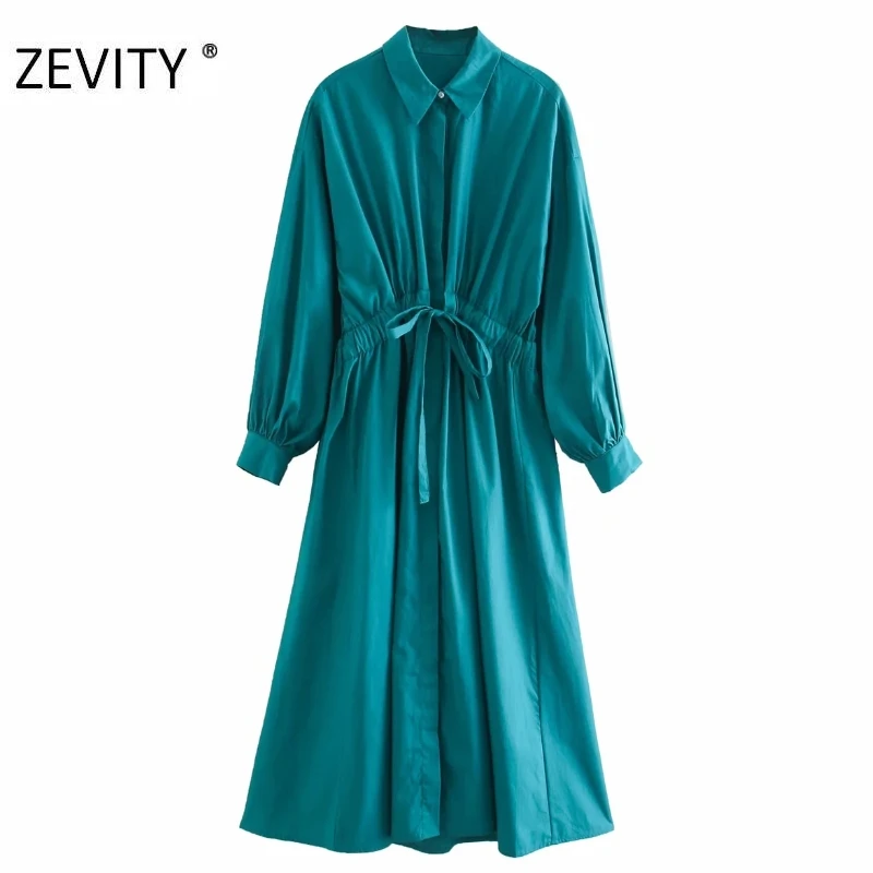 ZEVITY women vintage solid color lantern sleeve casual loose shirt dress female pleat drawstring bow vestido chic dresses DS4441