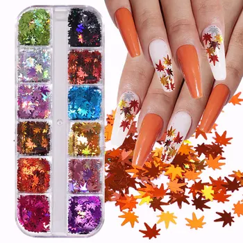 Skup 1 Box Laser Maple Leaf Nail Art Błyszczące Cekiny Złote Płatki Cienki Błyszczący Dekoracyjny 3D Jesień Naklejki Manicure DIY Akcesoria