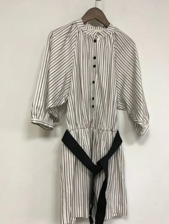 

Women Striped Jumpsuit O-neck Three Quarter Sleeve Loose Jumpsuit With Belt and Buttons