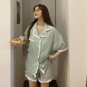 

New Summer thin Pajamas Sets Women Sleepwear Homes Clothing Cotton Pajama Home Wear Womens Pyjamas Set Spring Pants Nightwear