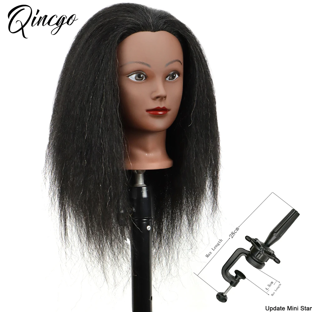 African Mannequin Training Head With Real Human Hair Manikin Cosmetology  Makeup Doll Heads And Stand For Practice Braid Styling