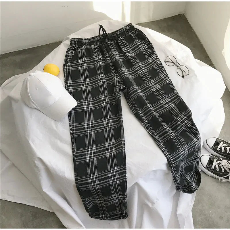Женские клетчатые брюки размера плюс 5XL, корейский стиль, на завязках, уличная одежда, повседневные бегуны, осень-весна, женские брюки