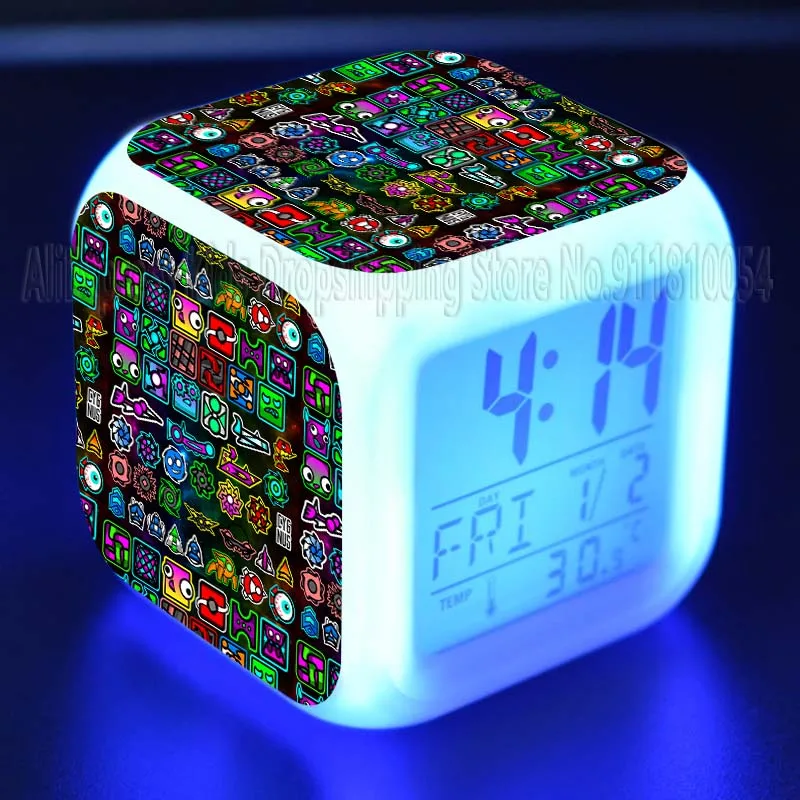 Angry Geometry Dash Alarm Clocks Children Game Anime Desk Clocks Kids Led Digital Clock with Date Thermometer Boys Girls Gifts