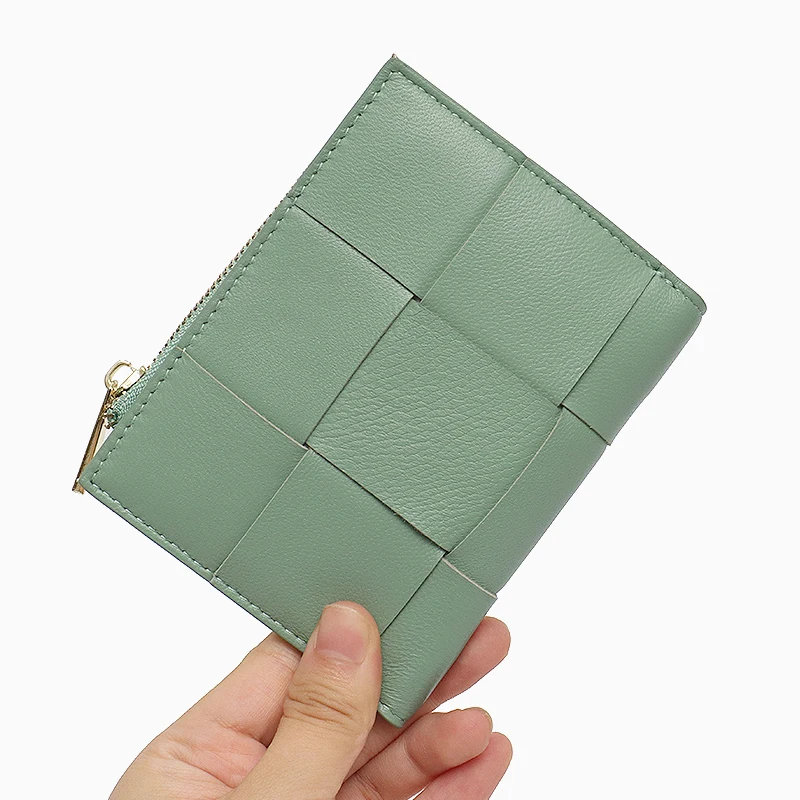 여성용 진짜 양가죽 직조 단지갑, 미니 휴대용 바이폴드 동전 지갑, 현금 메모 카드 슬롯, 멀티 포켓, 메가 브랜드 디자인