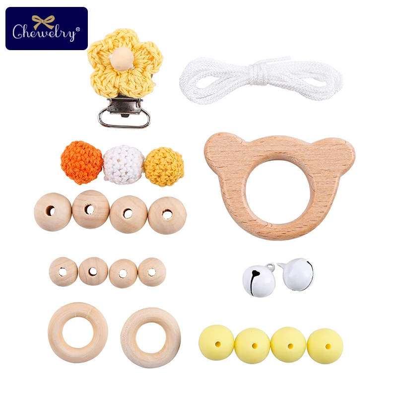 Wooden Teether Wood Beads Set DIY Baby Teething Necklace Toy Koal Wooden Rodent Pacifier chain Clip nylon Rope For Girl Boy Gift