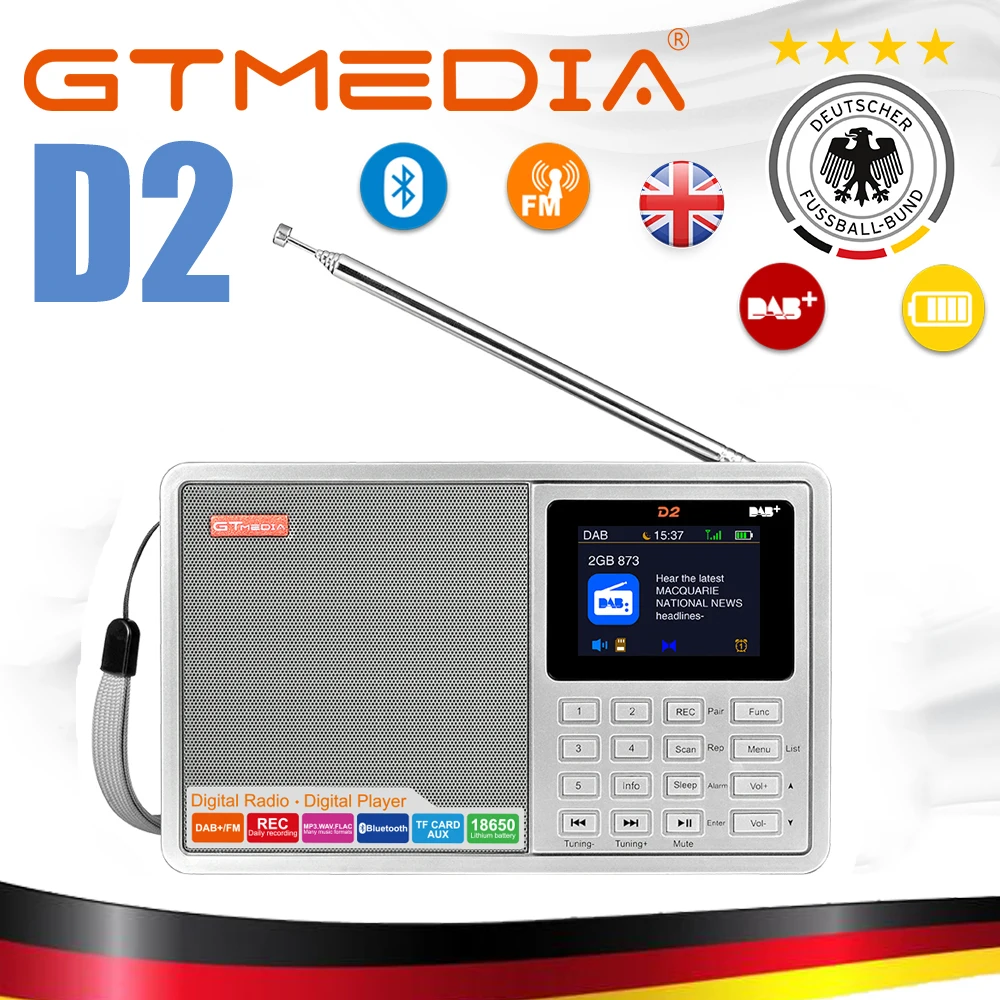 

GTMEDIA D2 2.4inch Bluetooth Battery Powered Portable Radio Multi Band LCD Display Stereo Support FM daily recording to TF card