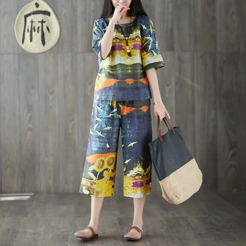

Cotton Linen WOMEN'S Suit 2019 New Style Spring And Summer Korean-style Loose Casual Printed Flax Elegant Two-Piece Set