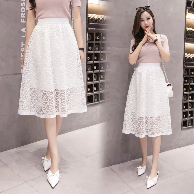 

Black And White with Pattern Irregular A- line Puffy Lace Dress Summer New Style Gauze Skirt Women's Versitile Fashion