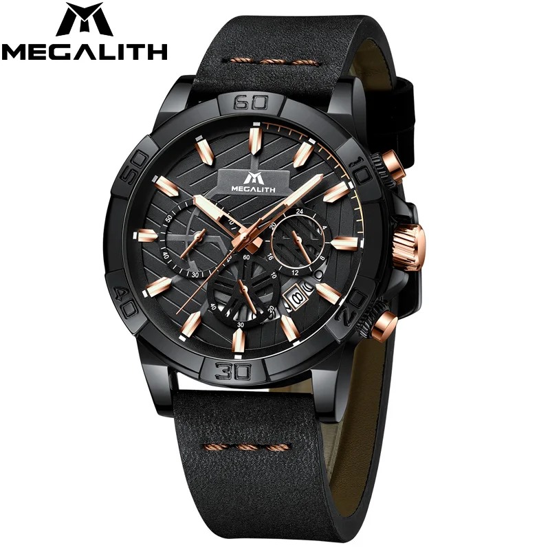 Montre homme MEGALITH часы Мужские Спортивные Хронограф водонепроницаемые часы мужские топ брендовые Роскошные светящиеся кожаные Наручные часы мужские - Цвет: leather black