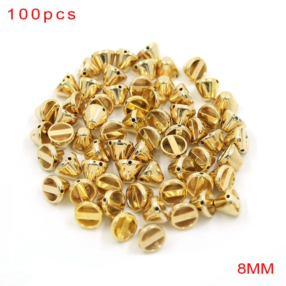 8MM Bucket Gold 100PcsPlastic шипы 6/8/10/12 мм браслетов, ожерелий, диаметр-цвет серебристый, золотой с заклепками; Цвет Черный; сезон Конус Пирамида Швейные Шипы аксессуары в стиле панк Костюмы с заклепками - Цвет: 8MM Bucket Gold