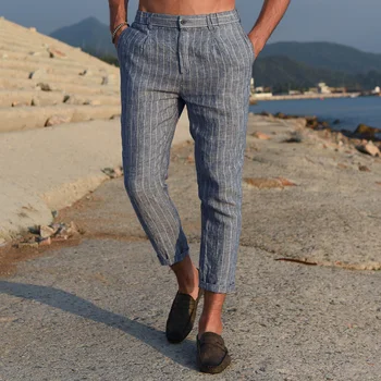 

Men Spring Summer Fashion Japan Style High Quality 100% Premium Linen Slim Stripe Trousers Ankle Length Pant Male Casual Pants