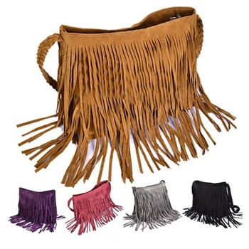 

Womens Tassle Fringe Faux Suede Shoulder Messenger Crossbody Bag Handbag Purse Black Brown White