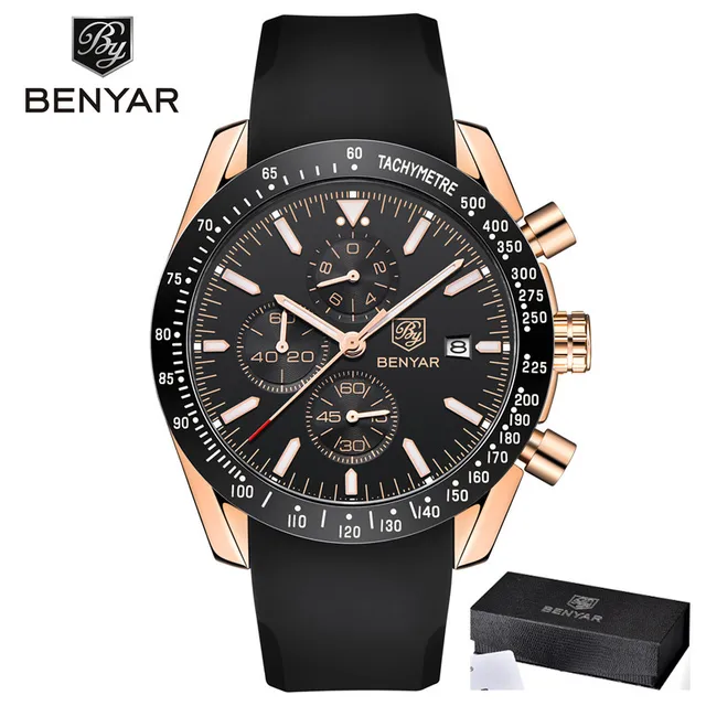 BENYAR New Brand Luxury Silicone Strap Waterproof Sports Quartz Chronograph Watch Classic Casual Men's Clock Relogio Masculino Black gold