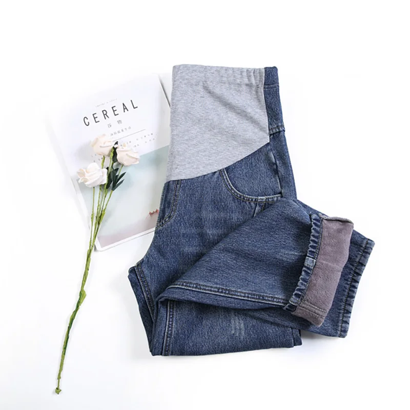 Dark blue plus velve Потертые Стрейчевые джинсы для беременных, для талии, живота, эластичная одежда для беременных, брюки для беременных, M-4XL - Цвет: Dark blue plus velve