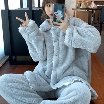 

Pajamas Winter Plus Velvet Thick Gray Ruffled Fashion Warm Casual Two-piece Pajamas Home Clothes Women Sleepwear