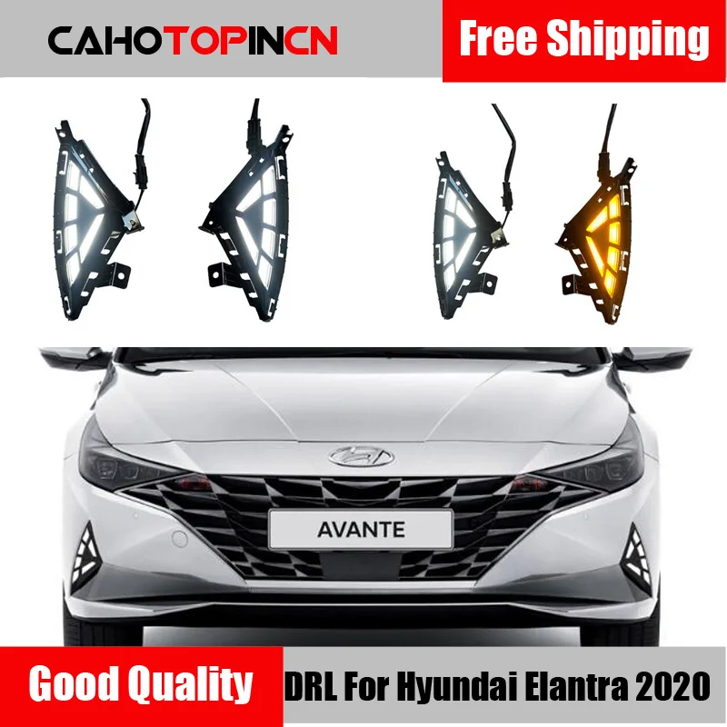 1Pair LED DRL For Hyundai Elantra 2020 2021 fog lamp Daytime Running Lights with Yellow Turn signal light Fog | Автомобили и