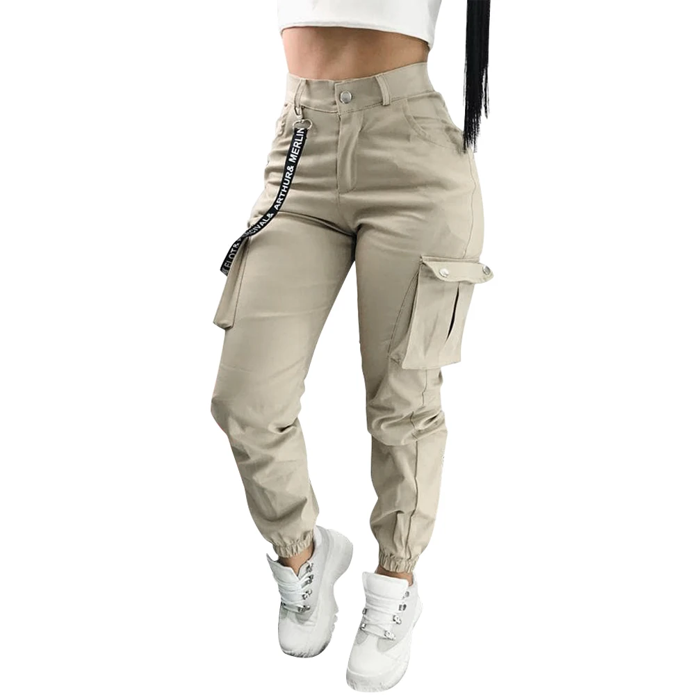 Women Cargo Pants Mid Waist Pockets Loose Summer Casual Full Length Pant Zipper High Street Fashion Elastics Long Trousers 1