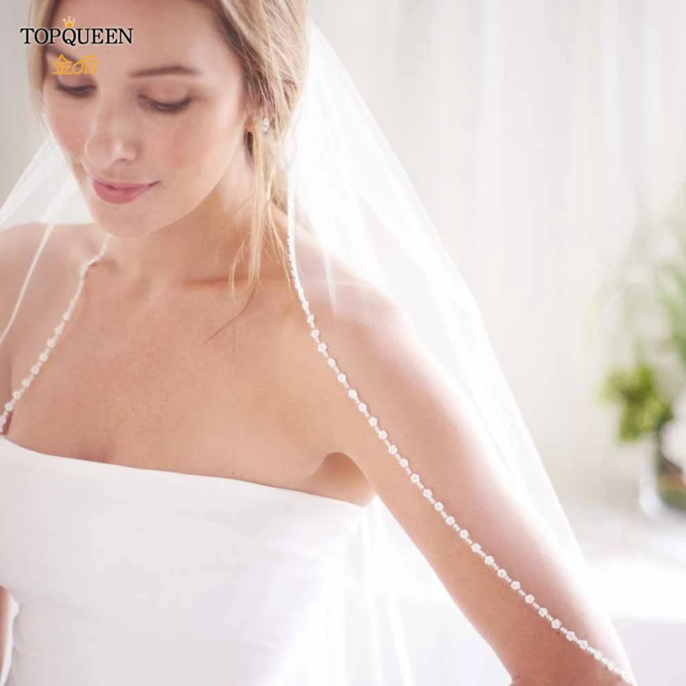 TOPQUEEN V34 Best Selling In Stock Simple Wedding Tulle White Ivory Bride Veil with Beaded Edge for Women Marriage Party Veil
