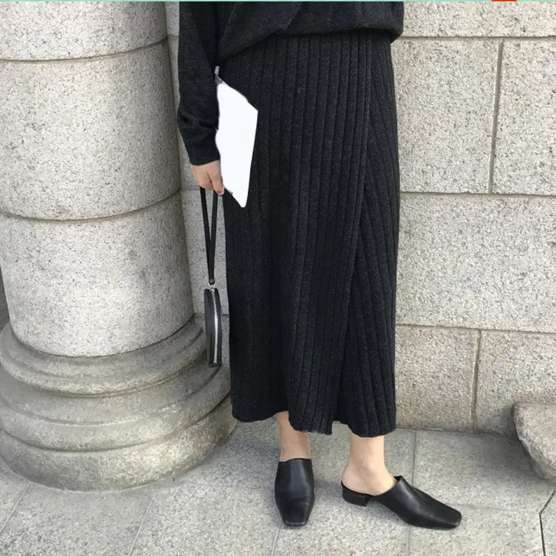 Black Skirt RICININA, вязаная женская юбка, зима, раздельная, сплошная, макси, для женщин, s, юбки, длинная, в ретро стиле, юбка для женщин, на каждый день, Jupe Femme Longue - Цвет: Black Skirt
