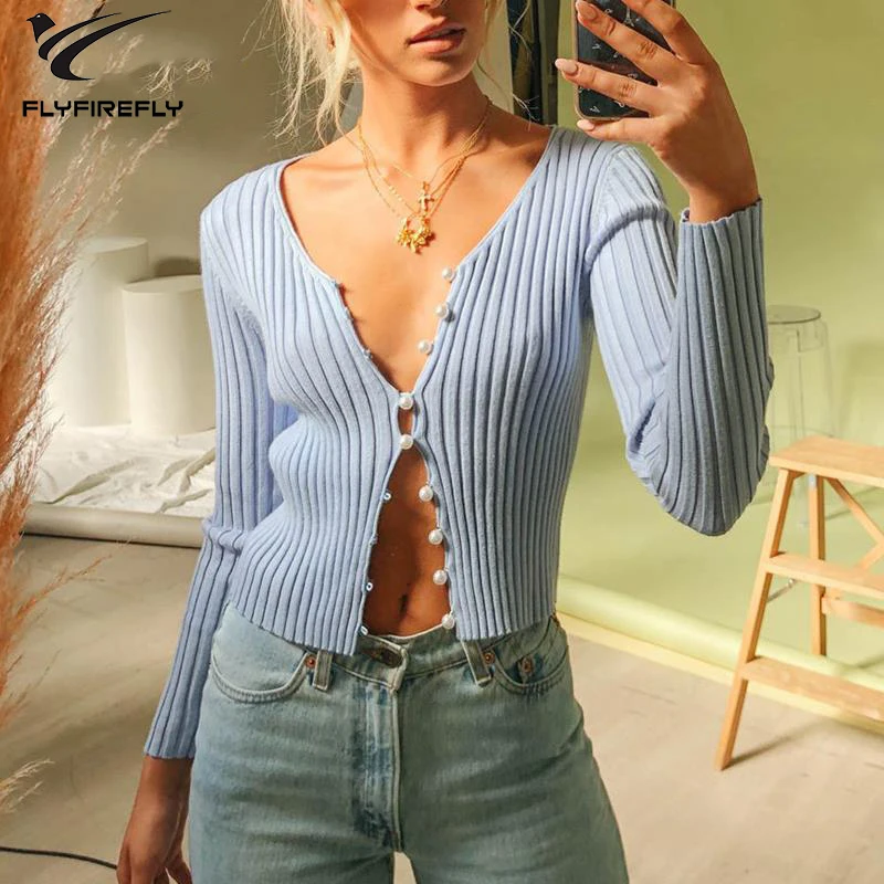 

vintage Beading Pearl black cardigan women casual knitted cropped sweater women korean v neck sweaters coat fall 2019