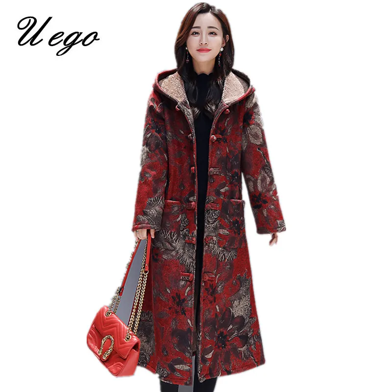 

Uego Thicken Fleece Warn Winter Coats Hooded Pockets Vintage Chinese Style Woolen Coat Plus Size Women Casual Long Winter Coat