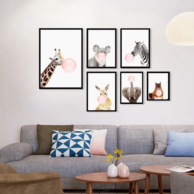 Pink Bubble Gum Giraffe Zebra Animals Canvas Painting Nursery Wall Art Print Nordic Poster Pictures For Kids Room Decorr | Дом и сад