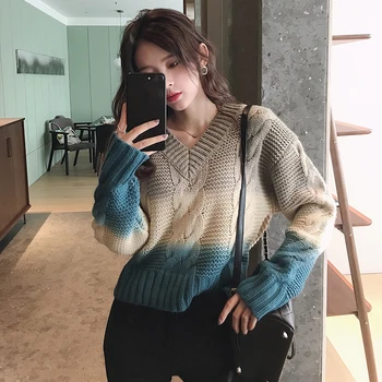 

MISHOW Winter Multicolor Color Short Sweater Women Causal Vneck Long Sleeve Thick Knit Pullover Tops MX19D5556