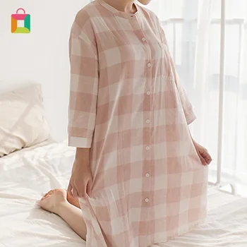 

Women's spring and summer pajamas plaid seven-sleeve ladies pajamas home service loose cotton gauze dress pajamas Glittery