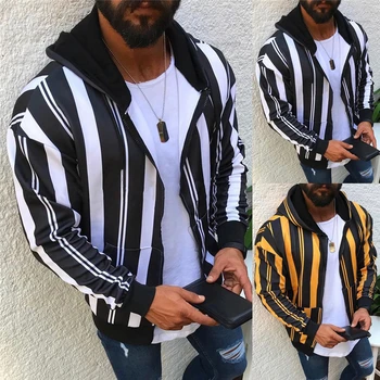 

2019 Men Fashion Striped Hoodies Patchwork Zipper Sweatshirt Solid Causal Fleece Hooded Sweatshirt Male Long Sleeve Autumn Coats