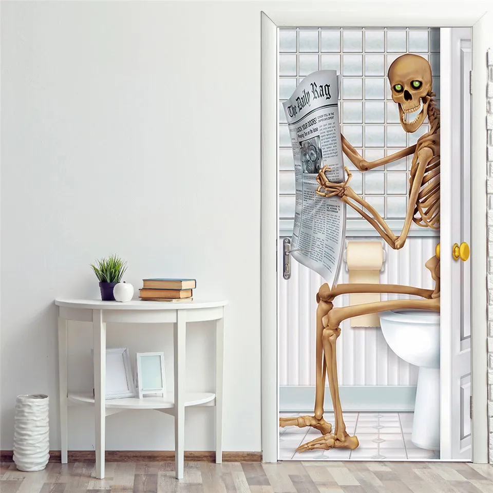 Череп Хэллоуин украшения двери наклейки 3D ванная комната самоклеющиеся обои для дверей съемные наклейки ПВХ DIY обновление росписи дека