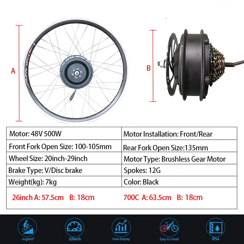 Electric Bike Conversion Kit 500W Motor Wheel 36V 15AH Lithium Battery Ebike Kit 26inch 700C Front/Rear Hub Motor e-Bike Engine