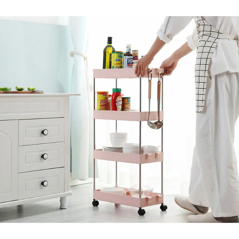 

2/3/4 Layer Gap Kitchen Storage Rack Slim Slide Tower Movable Assemble Plastic Bathroom Shelf Wheels Space Saving Organizer