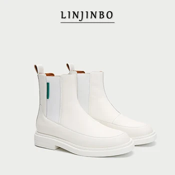 

Autumn White Chelsea Boots Women British Style Round Toe Ankle Boots Women 2020 Fashion New Solid Color Slip-on Women Shoes