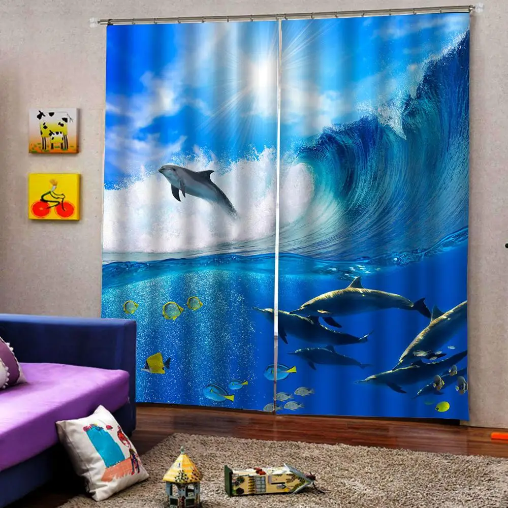 3D Window Curtain Luxury living room decorate Cortina blue ocean curtains sea water wave curtain