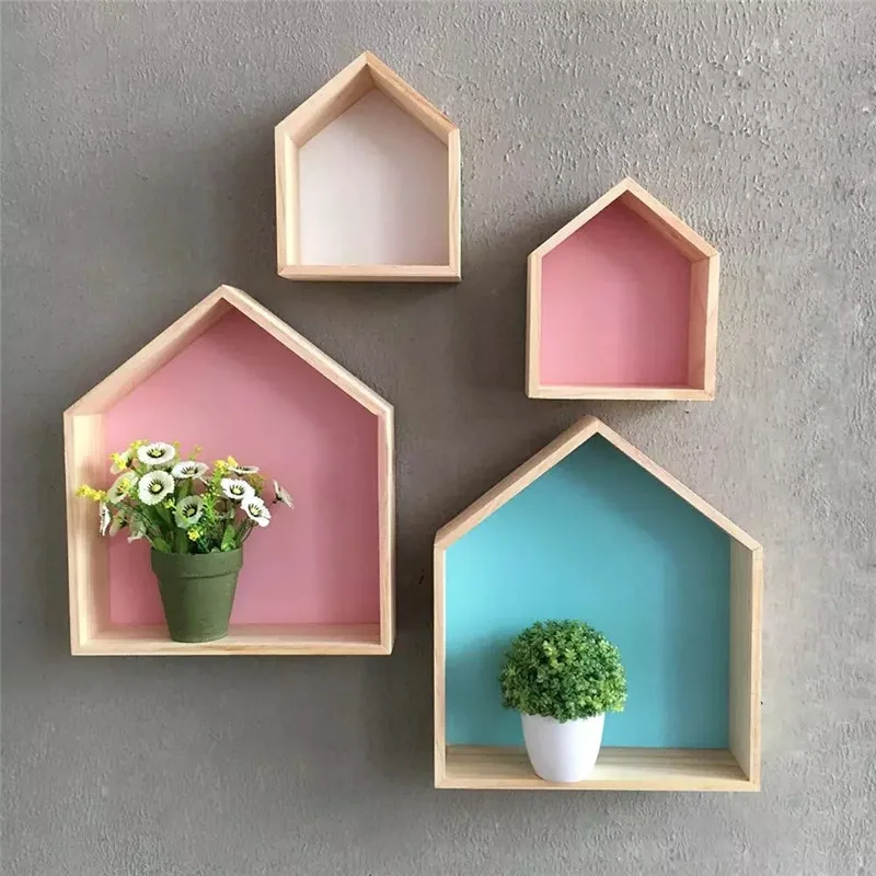 

Nordic Style House Shape Wood Wall Shelf Hanging Shelving Room Storage Organizer No Finish for Bedroom Kids Room Decor Box