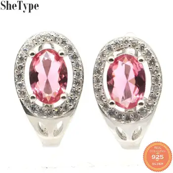

15x9mm SheType 3.3g Classic Pink Tourmaline Real Green Emerald CZ Woman's Wedding 925 Solid Sterling Silver Earrings