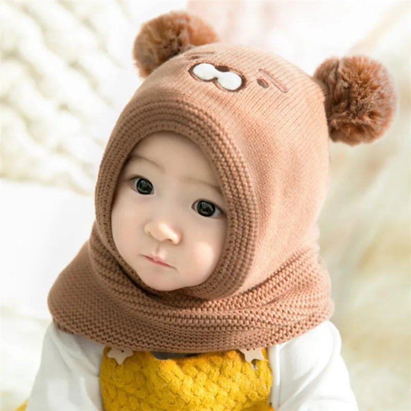 Baby Knit Short Plush inlayer Hooded Scarf Kid Hat And Scarf Child Winter Warm Protection Ear Hat Girl Boy Cute Pom Pom Cap