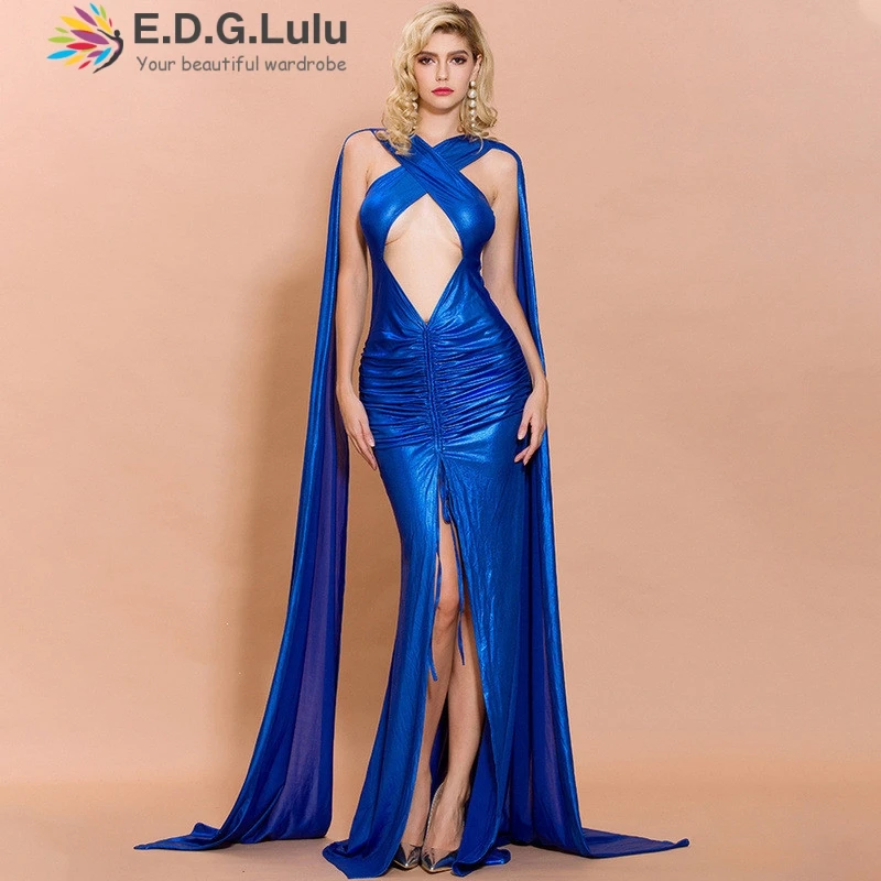 EDGLuLu vintage chic elegan off shoulder prom dresses sexy club irregular slit maxi dress evening blue dresses woman party night