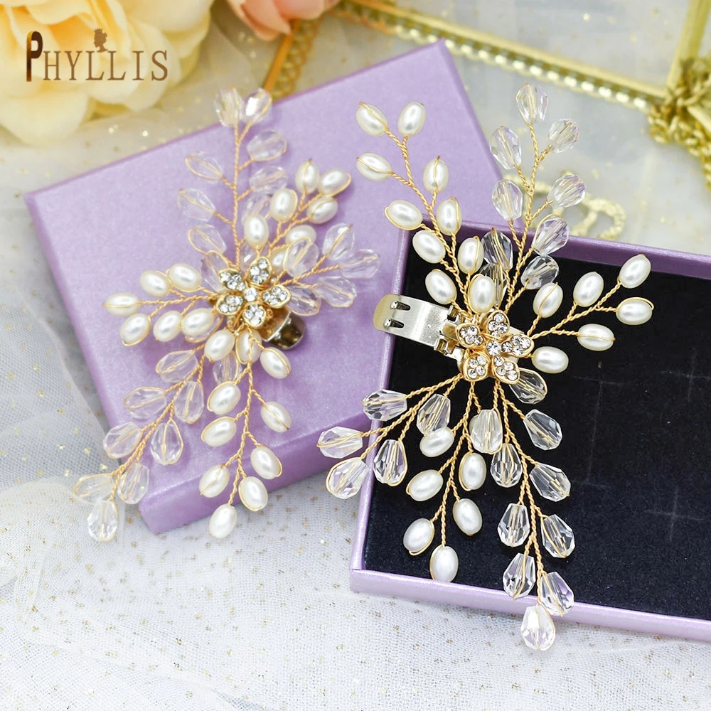 Wedding Accessories - Pearl and Crystal Gold Bridal Shoe Clips