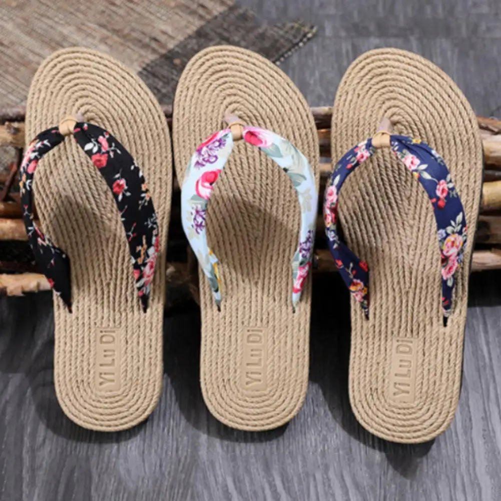 Sandals Women 2022 Summer Floral Flip Flops Beach Sandals Thongs Slippers  Imitation Hemp Rope Travel Flip-flops Flat-bot