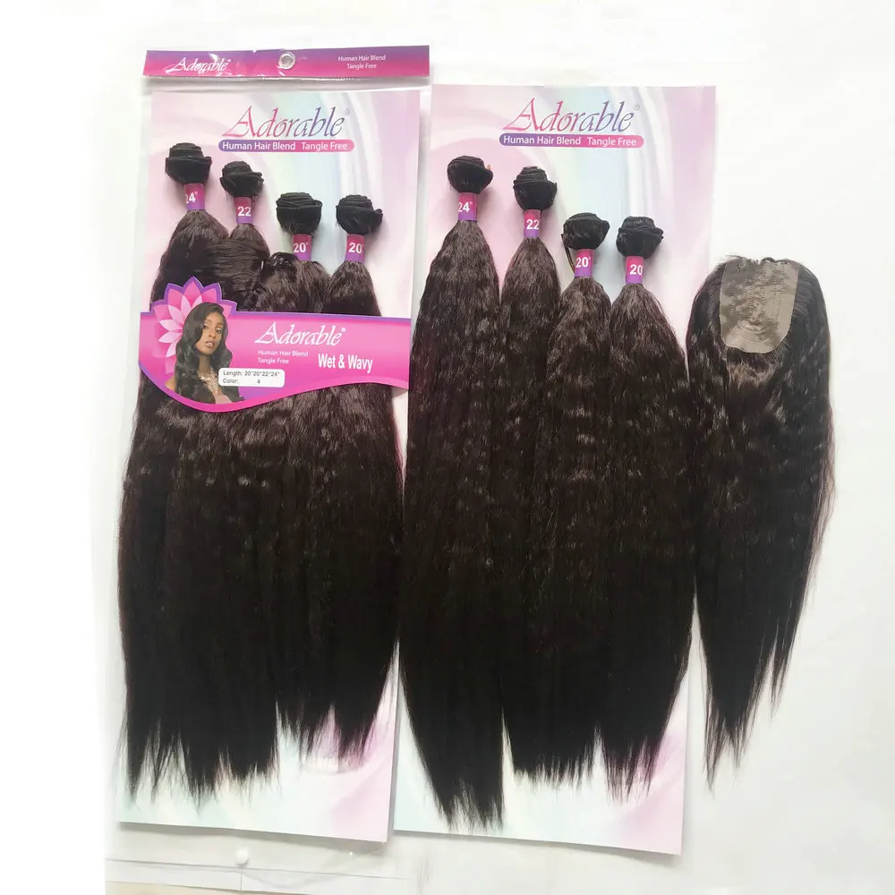 Adorable Synthetic Hair Extension WET&WAVY 4PCS+1 Set /20-24inch Weave Bundles With Closure Natural Color African American Afro